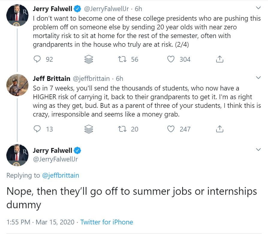 Jerry Falwell Jr.'s Twitter conversation with a man claiming to be a parent of Liberty University students is captured in this screenshot. (Photo: Twitter Screenshot)