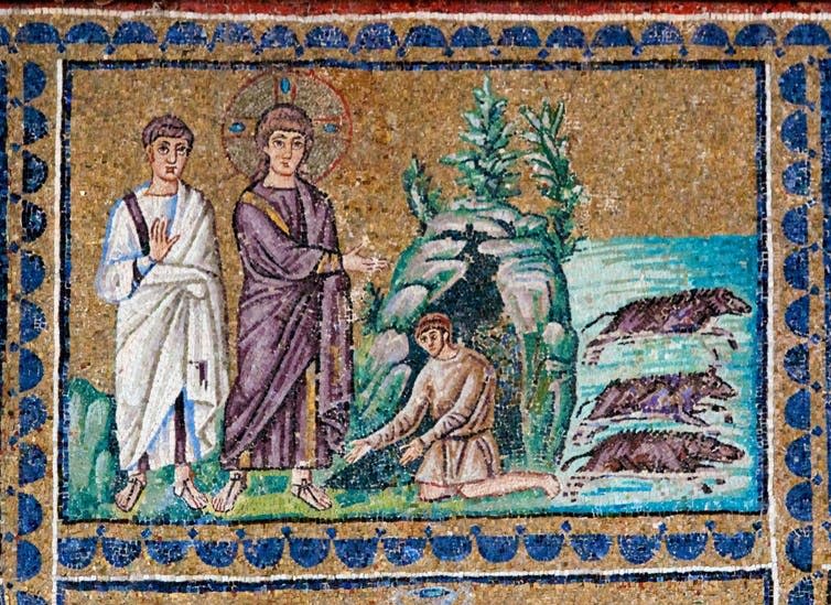 Medeival mosaic of Jesus expelling the Gerasene demoniac's demons into pigs.