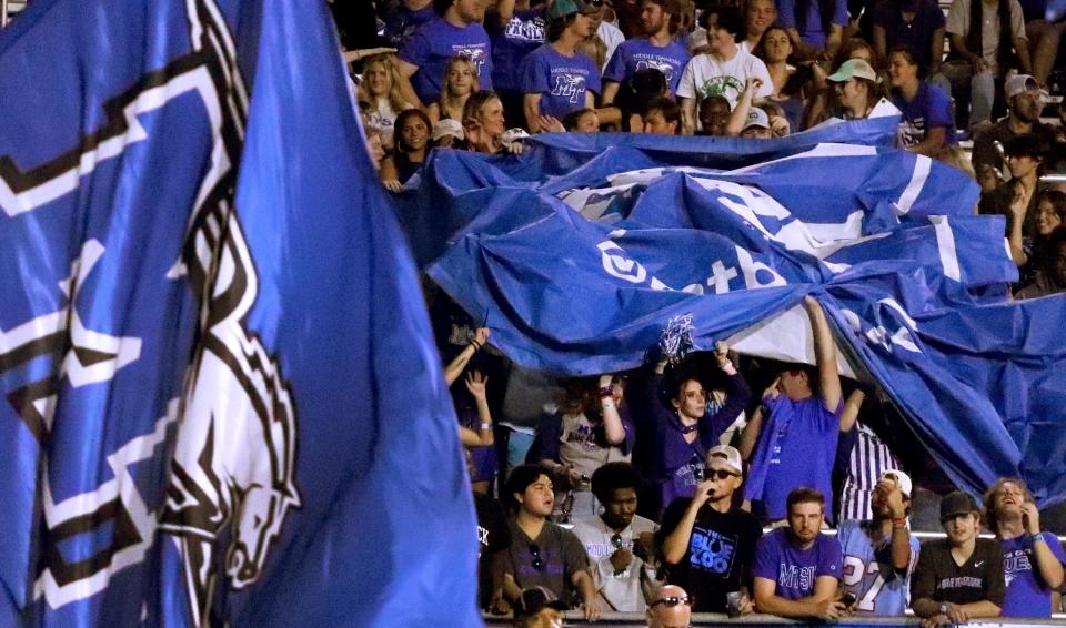 MTSU fans celebrates am MTSU touchdown against TSU on Saturday, Sept. 17, 2022, at MTSU's home opener. 