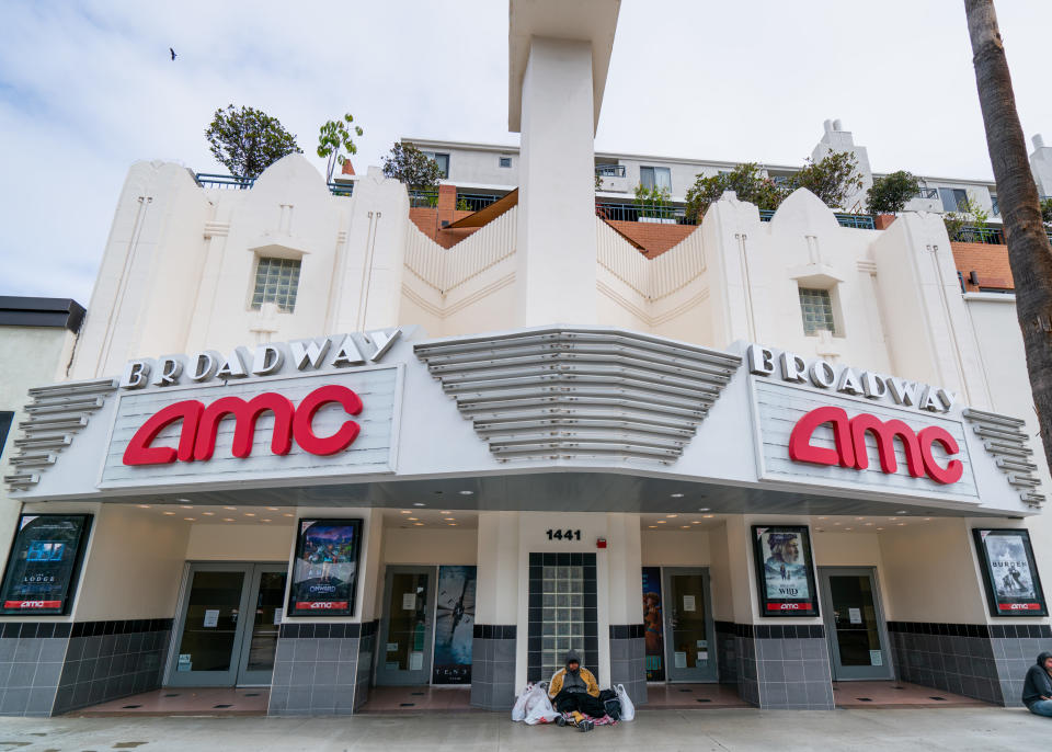 AMC Movie Theater at the 3rd Street Promenade in Santa Monica after Los Angeles ordered the closure of all entertainment venues in mid-March 2020/Getty
