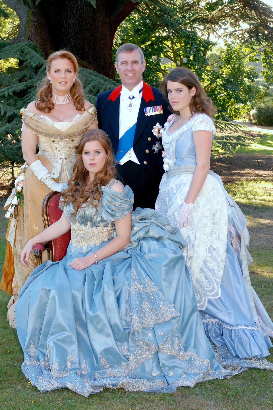 <p>Sarah Ferguson, Prince Andrew, Princess Beatrice, and Princess Eugenie dressed in Disney-inspired prince and princess costumes. </p>