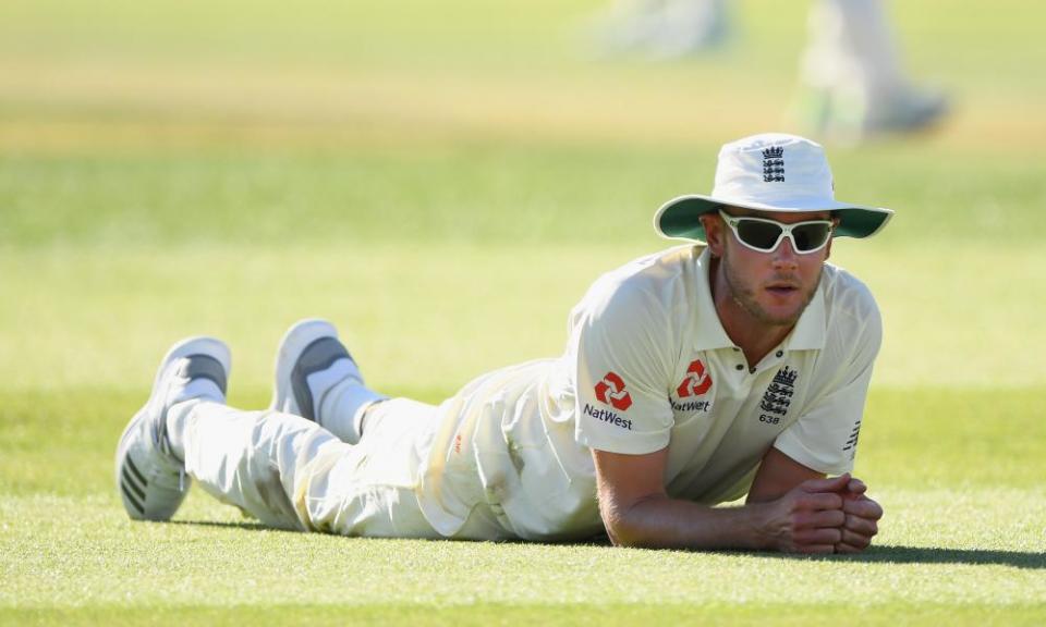 Stuart Broad watches on during England’s tour match on Hamilton and will not open the bowling in the first Test against New Zealand in Auckland.