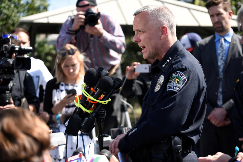 Austin Police Chief Brian Manley speaks during a news conference near the scene where a woman was injured&nbsp;by&nbsp;a package bomb&nbsp;on March 12. Manley told reporters that there are similarities in the four devices that exploded. (Photo: Sergio Flores / Reuters)