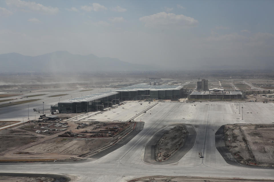 FILE - An aerial view of the new Felipe Angeles International Airport, on the outskirts of Mexico City, Jan. 31, 2022. The airport was finished and inaugurated on March 21, 2022, but it remains little-used. (AP Photo/Ginnette Riquelme, File)