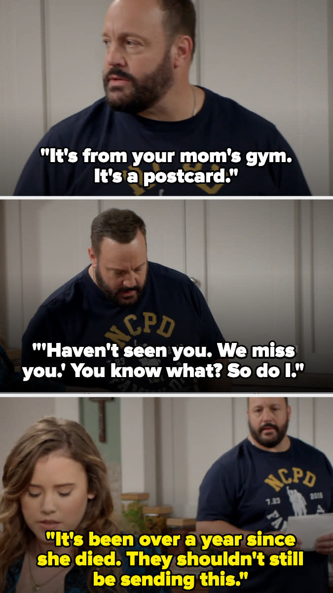 Kevin reads a postcard from his wife's gym saying "haven't seen you, we miss you" and says he does too. his daughter takes the card and says they shouldn't be sending those since it's been over a year since she died