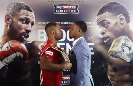 Britain Boxing - Kell Brook & Errol Spence Press Conference - Bramall Lane, Sheffield - 22/3/17 Kell Brook and Errol Spence pose after the press conference Action Images via Reuters / Lee Smith Livepic