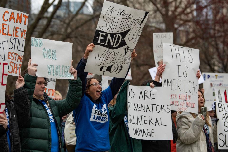 demonstrators hold signs during an anti gun violence rally in boston, massachusetts, on march 25, 2023 the rally was organized by the stand for a safer tomorrow, a student led gun violence prevention and awareness organization photo by joseph prezioso afp photo by joseph preziosoafp via getty images