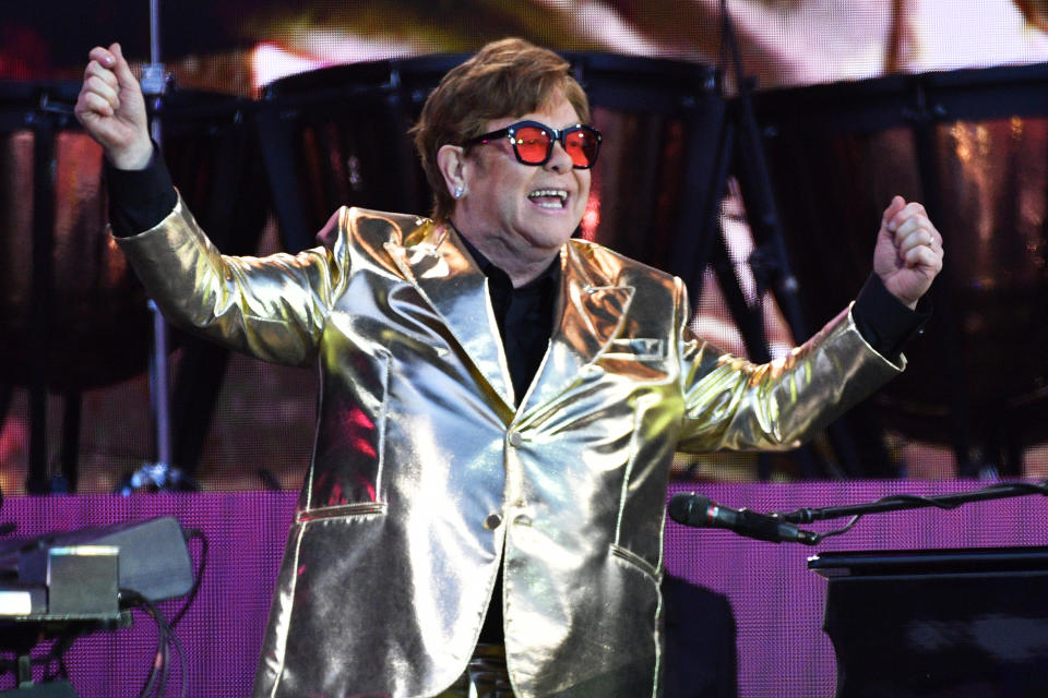 Sir Elton John performs on the Pyramid stage during day 5 of Glastonbury Festival 2023. (Jim Dyson/Redferns)