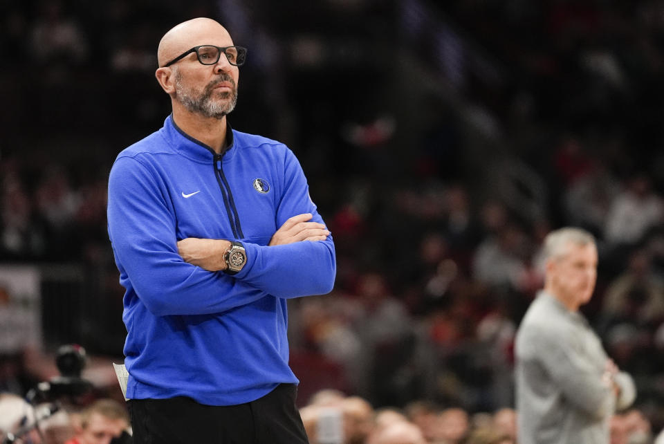 Dallas Mavericks head coach Jason Kidd watches from the sideline during the first half of an NBA basketball game against the Chicago Bulls, Monday, March 11, 2024, in Chicago. (AP Photo/Erin Hooley)