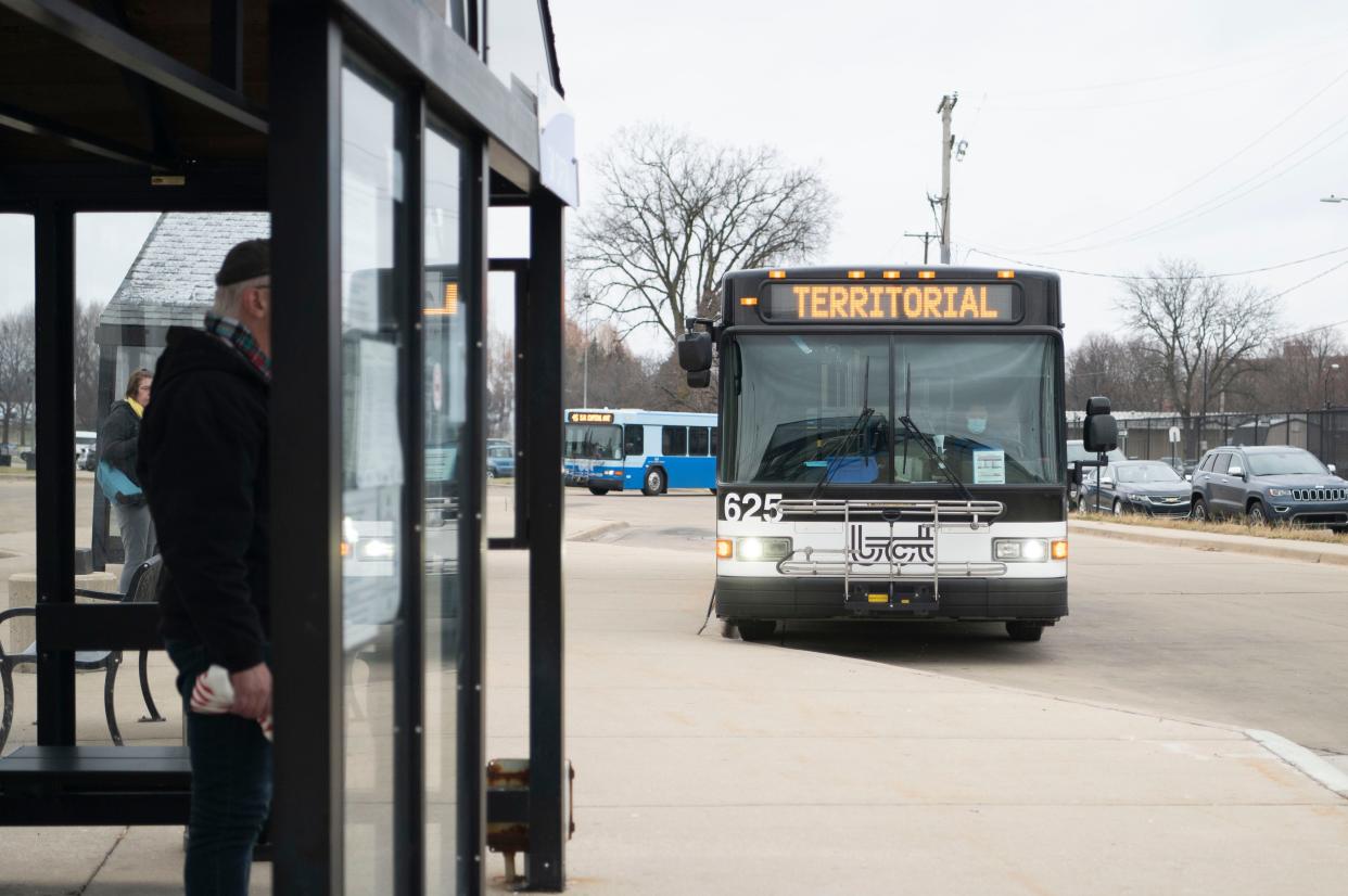 The Columbia-Territorial bus route waits at the Battle Creek Transit transfer station on Friday, Dec. 16, 2022.