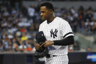 New York Yankees starting pitcher Luis Severino leaves the game against the Houston Astros during the fifth inning in Game 3 of baseball's American League Championship Series Tuesday, Oct. 15, 2019, in New York. (AP Photo/Matt Slocum)