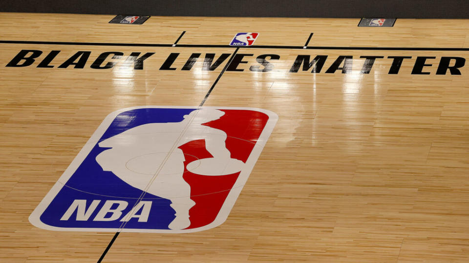 The Black Lives Matter logo is seen on an empty court as all NBA playoff games were postponed today during the 2020 NBA Playoffs at AdventHealth Arena at ESPN Wide World Of Sports Complex on August 27, 2020 in Lake Buena Vista, Florida. (Photo by Kevin C. Cox/Getty Images)