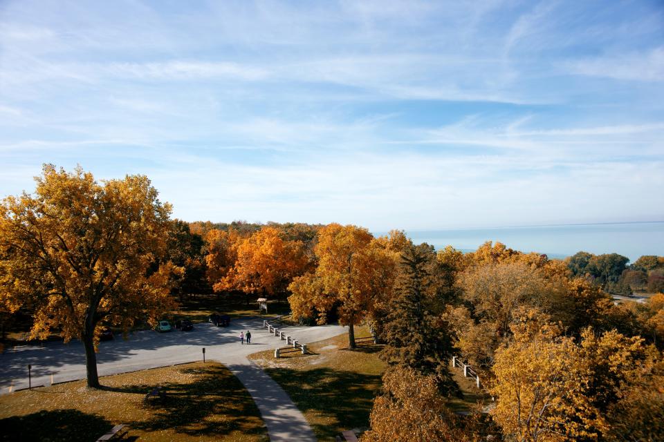 The observation tower at High Cliff State Park provides views of fall colors and Lake Winnebago.