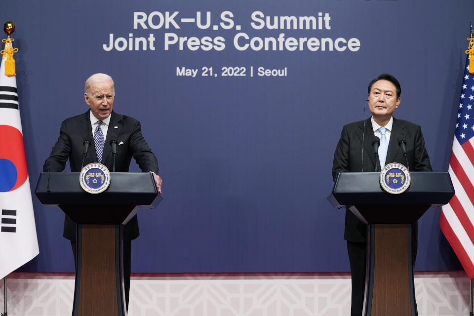 FILE - U.S. President Joe Biden, left, speaks as South Korean President Yoon Suk Yeol listens during a news conference at the People's House inside the Ministry of National Defense on May 21, 2022, in Seoul, South Korea. (AP Photo/Evan Vucci, File)