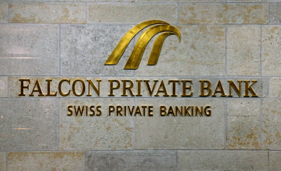 The logo of Swiss Falcon Private Bank as seen at its headquarters in Zurich, Switzerland.(Photo: REUTERS/Arnd Wiegmann)