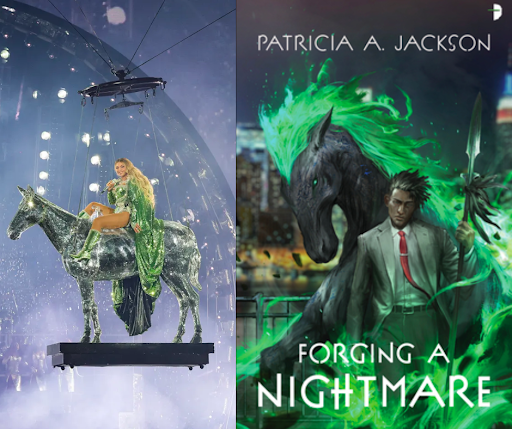 Nothing screams Patricia A. Jackson's "Forging a Nightmare" like a green-glad Beyoncé aloft on a horse.