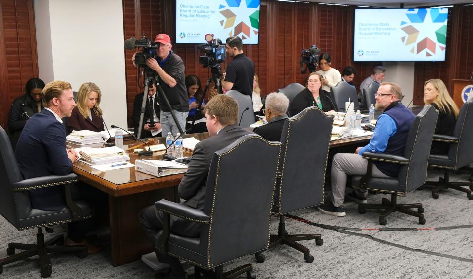 State schools Superintendent Ryan Walters addresses the board at the February meeting of the Oklahoma state school board, Thursday, Feb. 22, 2024.