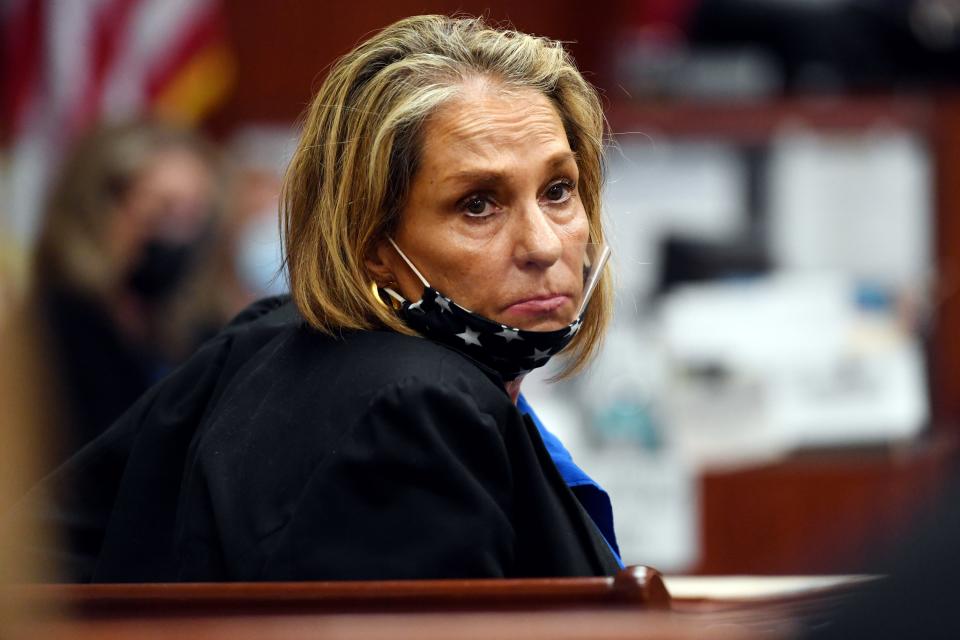 Former Sebastian City Council member Pamela Parris turns to her family sitting behind her in Circuit Court on Sept. 14, 2021, during a sentencing hearing before Circuit Court Judge Michael Minn at the Indian River County Courthouse in Vero Beach. Parris was found guilty of violating the state Sunshine Law and perjury and sentenced to 210 days in jail and fined $2,500, however she is expected to serve three months after Linn order their sentences to be served at the same time