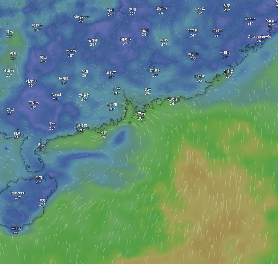 歐洲模式，預測香港時間 2024 年 5 月 30 日晚上九時天氣狀況。擷取時間：2024 年 5 月 29 日晚上十時。（Windy.com）