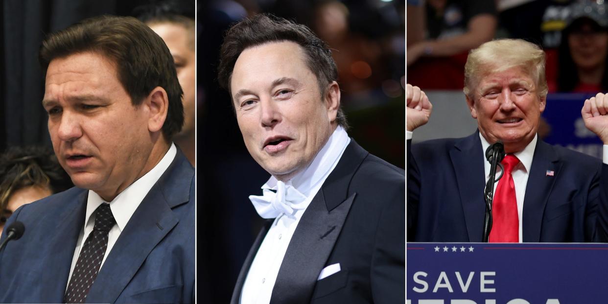 A triptych of DeSantis, Musk, and Trump