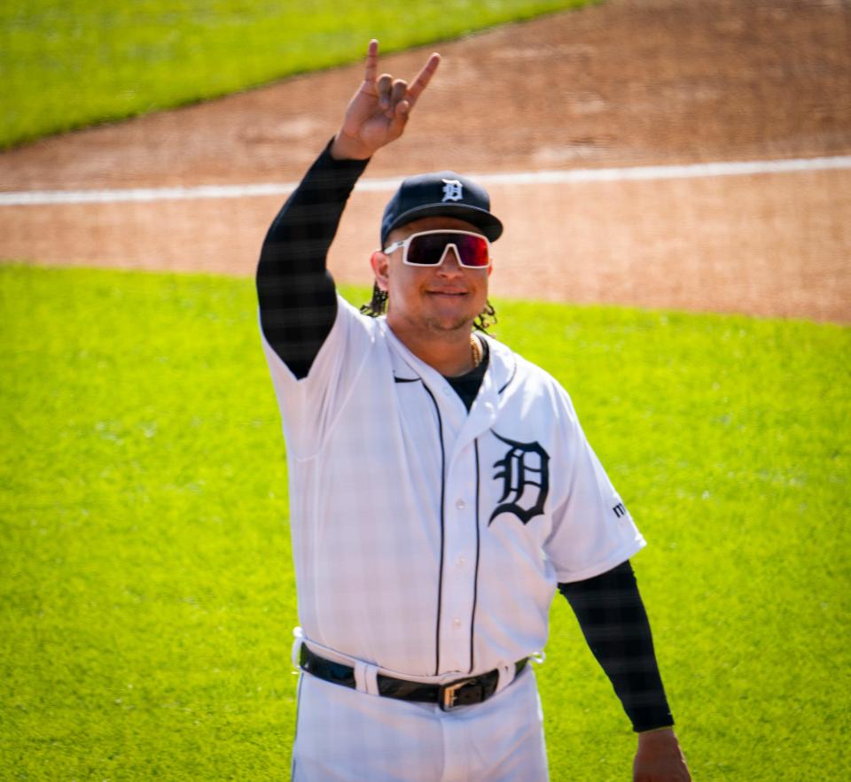 Tigers designated hitter Miguel Cabrera gestures to the crowd after pre-game ceremonies before the game against the Guardians at Comerica Park on Sunday, Oct. 1, 2023, his final game before retirement.