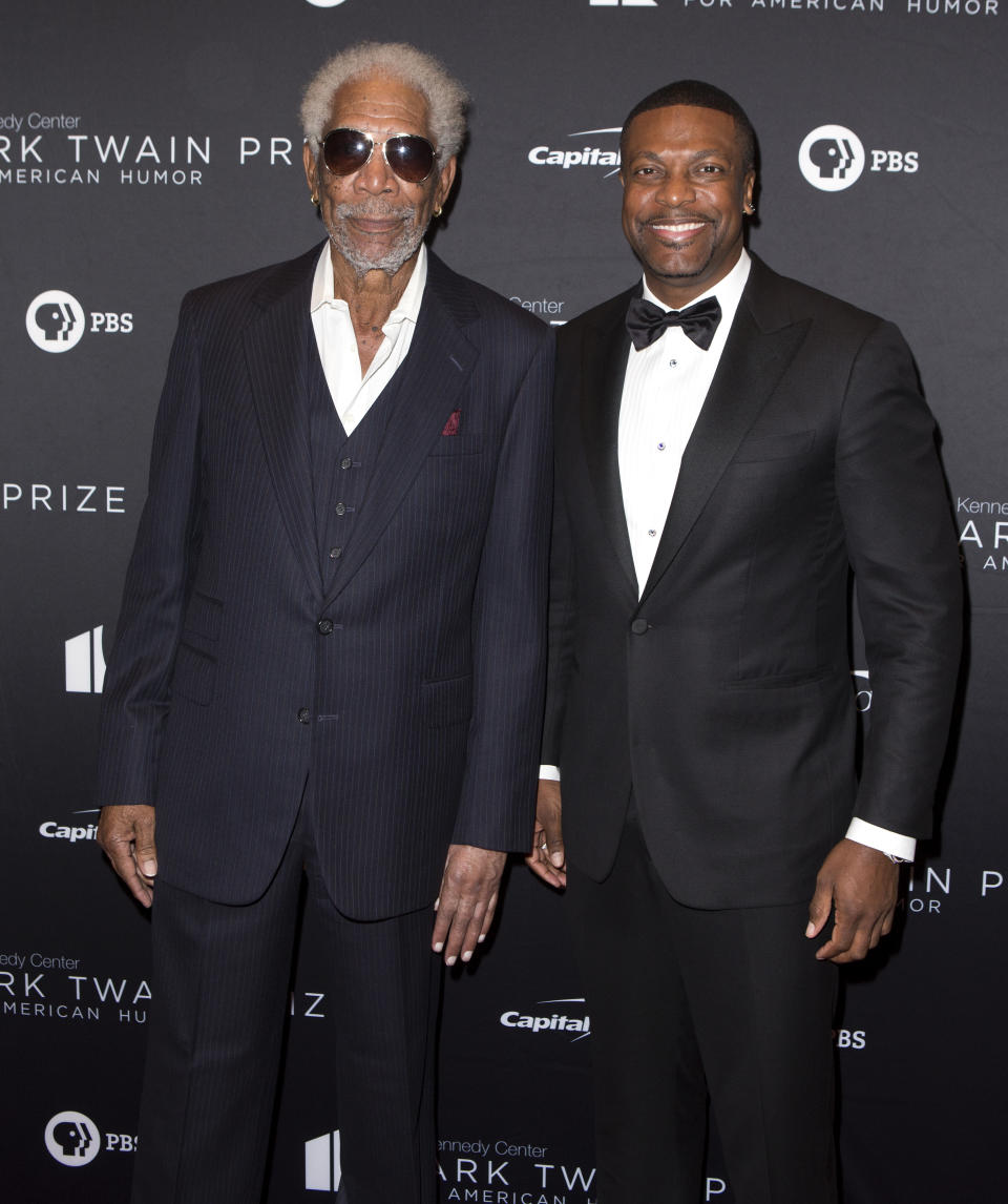 Morgan Freeman, left, and Chris Tucker arrive at the Kennedy Center for the Performing Arts for the 22nd Annual Mark Twain Prize for American Humor presented to Dave Chappelle on Sunday, Oct. 27, 2019, in Washington, D.C. (Photo by Owen Sweeney/Invision/AP)