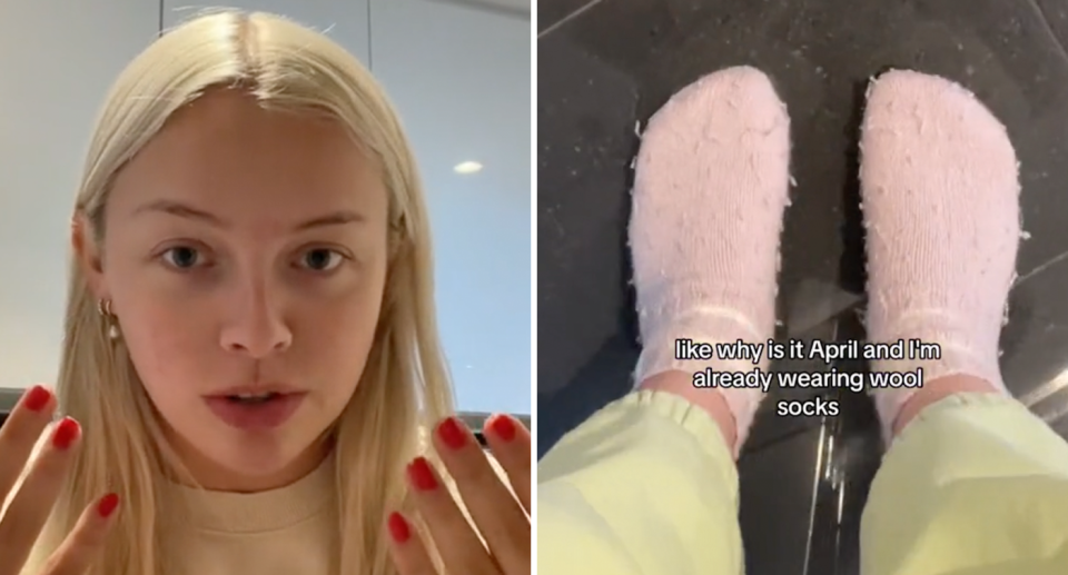 Ellinor Stenhammer, 24, holds up her 'cold' hands to the camera claiming Australian winter is worse than in Norway. She wear pink wool socks (right) at home. 