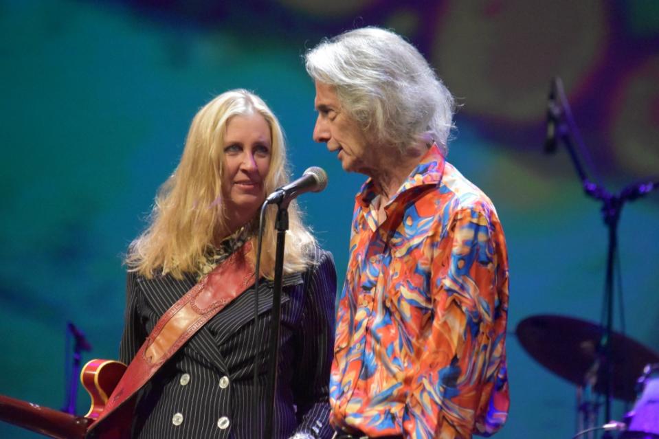 Cindy Lee Berryhill and Lenny Kaye at at the “Nuggets” concert at the Alex Theatre in Glendale, Calif., May 19, 2023 (Chris Willman/Variety)