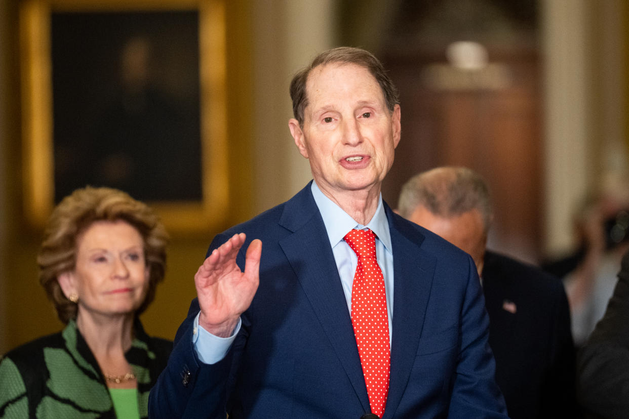 WASHINGTON - APRIL 26: Sen. Ron Wyden, D-Ore., speaks during theSenate Democrats' news conference in the Ohio Clock Corridor in the Capitol on Wednesday, April 26, 2023. (Bill Clark/CQ-Roll Call, Inc via Getty Images)