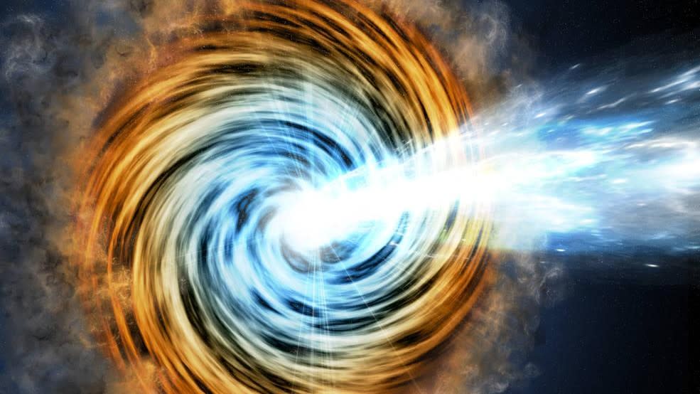  An illustration of a hungry black hole, wrapped in a fiery orange accretion disk and shooting a beam of blue radiation out of its center 