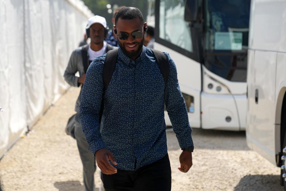 Cincinnati Reds catcher Chuckie Robinson arrives to the clubhouse with the rest of the team, Thursday, Aug. 11, 2022, at the MLB Field of Dreams stadium in Dyersville, Iowa. 