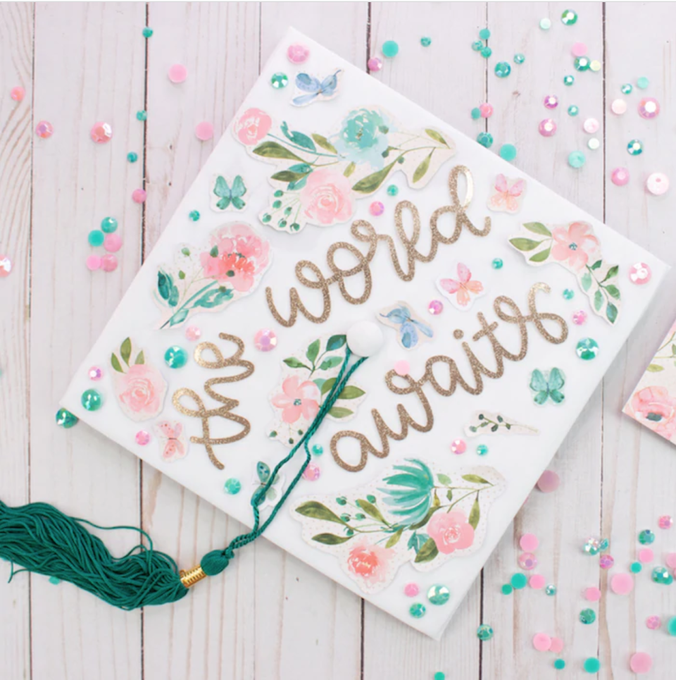 <p>For a graduation cap that shows how excited you are about the future (while showcasing charming flowers and sequins), you can follow this tutorial. </p><p><strong>Get the tutorial at <a href="https://craftboxgirls.com/blogs/articles/diy-graduation-caps" rel="nofollow noopener" target="_blank" data-ylk="slk:Craft Box Girls;elm:context_link;itc:0;sec:content-canvas" class="link ">Craft Box Girls</a>.</strong></p>
