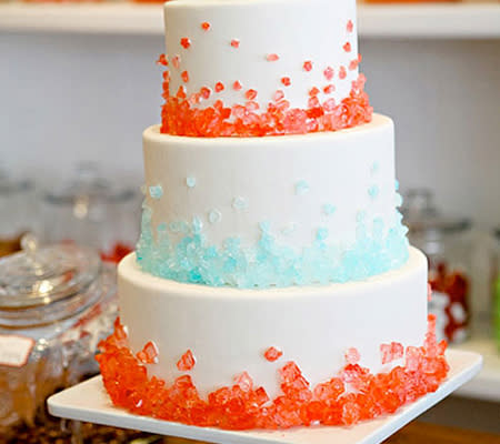 Photo by: Cocoa and Fig<br><br><b>White cake with neon decorations <br></b> A simple white frosted cake covered with crushed up rock candy in your favorite neon colors makes the perfect dessert for a neon-themed party!