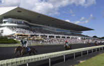 FILE - In this Aug. 12, 2017, file photo, horses in the Bruce D. Memorial Stakes pass the grandstand at Arlington International Racecourse in Arlington Heights, Ill. The racetrack is expected to close after the completion of racing on Sept. 25, with ownership taking bids for the future of the land. ( John Starks/Daily Herald via AP, File)