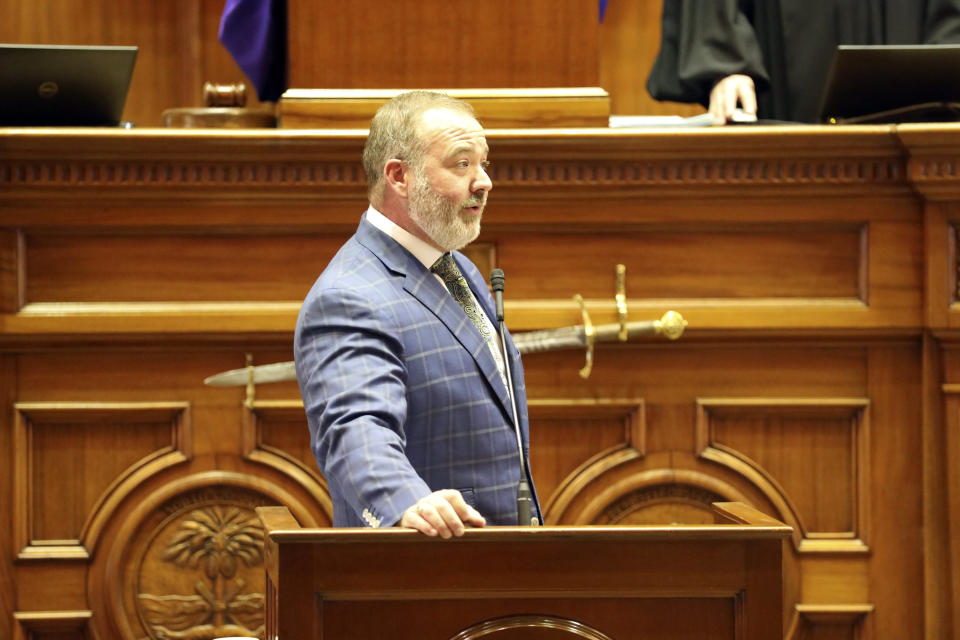 South Carolina state Sen. Stephen Goldfinch, R-Murrells Inlet, answers questions during a debate on permitless gun carry, Tuesday, Jan. 30, 2024, in Columbia, S.C. (AP Photo/Jeffrey Collins)