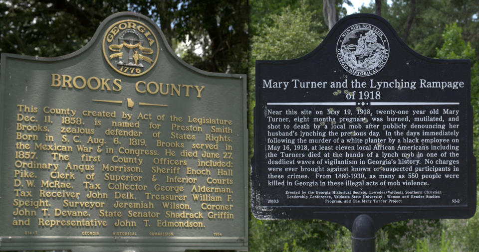 A plaque in Quitman town square honoring Preston Brooks, right and a plaque near what is believed to be the site of the 1918 lynching of Mary Turner and 12 others in Quitman, Ga. (Photos: Sam Matthews/Yahoo News) (Photo: Yahoo News)