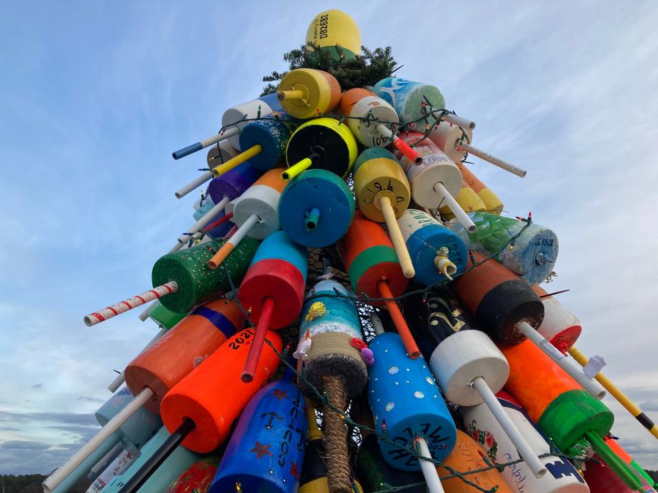 The view to the top of Kittery's first holiday lobster buoy tree, seen Tuesday, Dec. 1, 2021.