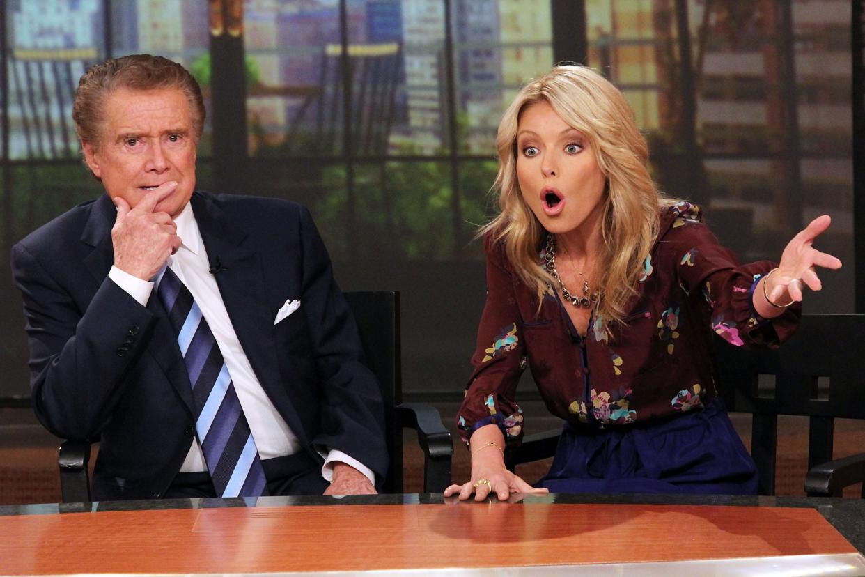 Regis Philbin and Kelly Ripa attend a press conference on Regis's departure from "LIVE! with Regis and Kelly" at ABC Studios on November 17, 2011 in New York City. (Photo by