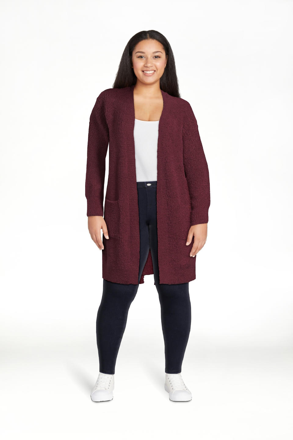 model wearing the cardigan in rustic plum