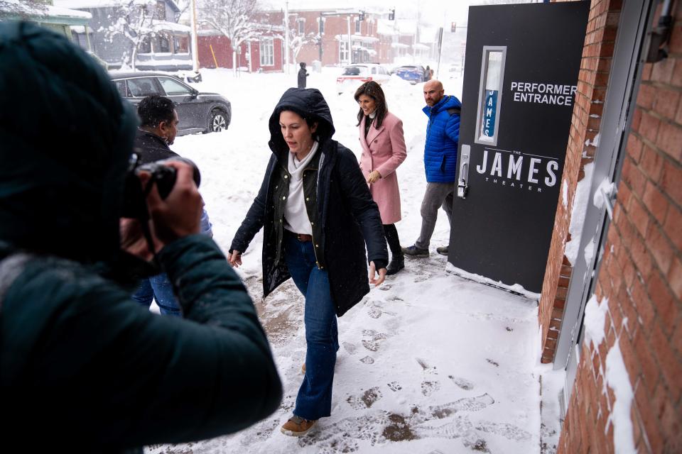 Former U.N. Ambassador Nikki Haley leaves her Iowa City event after meeting with supporters Saturday, Jan. 13, 2024, at The James Theater in Iowa City, IA.