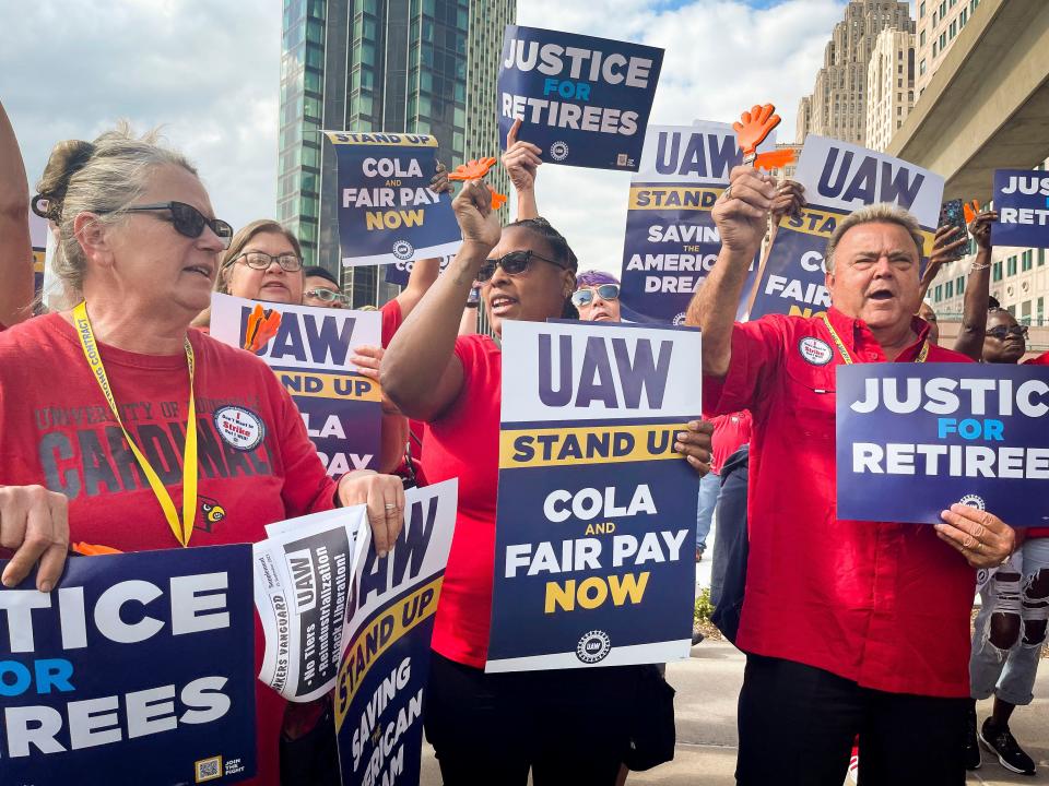 Members of the UAW hold a rally outside of Huntington Place in Detroit on September 15, 2023, as their strike continues. The United Auto Workers is on strike against Detroit Three automakers Ford, GM and Stellantis after negotiations did not lead to a new contract.