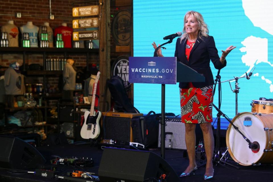 First lady Jill Biden speaks at a COVID-19 vaccination site at Ole Smoky Distillery in Nashville, Tuesday, June 22. - Credit: AP