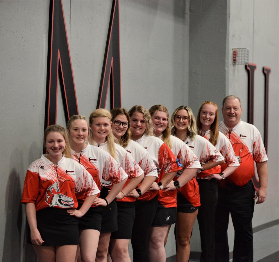 The Muskingum University women's bowling team finished fourth at the Collegiate Club Nationals. Pictured from front to back are, Hannah Crowe, Rebecca Walker, Lillian Matteson, Kelsey Wilson, Caroline Sites, Elizabeth Springsteen, Hailey Yingst, Kaylee Hauck and Coach Doug Smith.