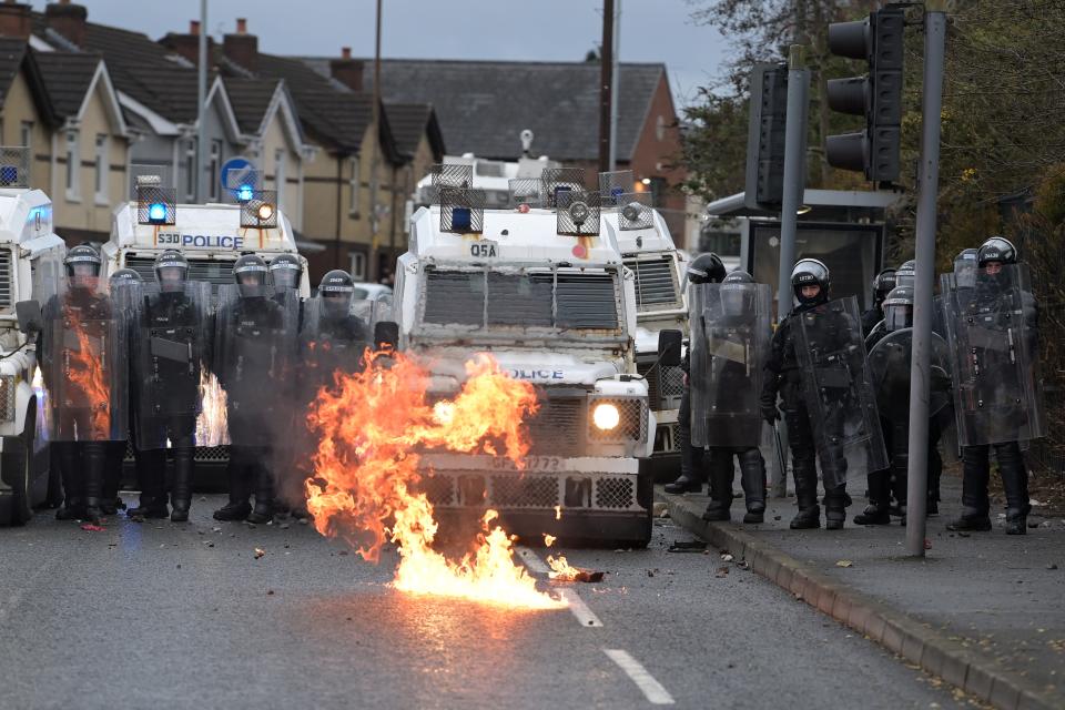 April 2021: nationalists attack police on Springfield Road just up from Peace Wall interface gates, which divide nationalist and loyalist communities in BelfastGetty