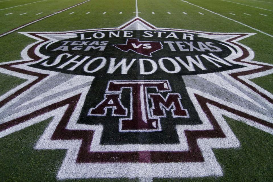 Nov 24, 2011; College Station, TX; General view of the lone star showdown logo on the field before a game between the Texas A&M Aggies and Texas Longhorns at Kyle Field. Brett Davis-USA TODAY Sports