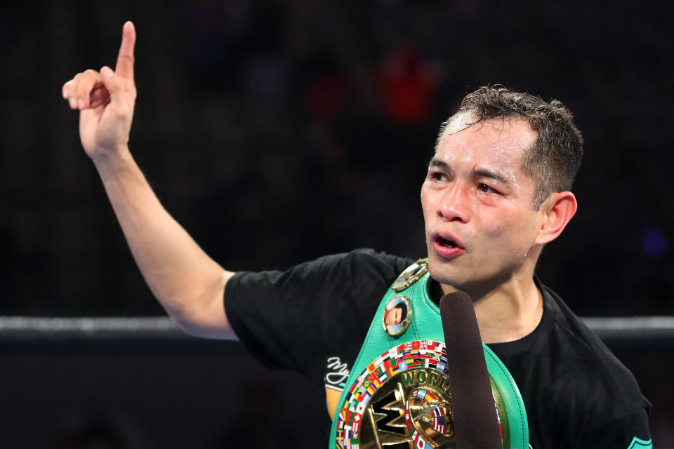 CARSON, CALIFORNIA - MAY 29: Nonito Donaire celebrates his fourth round KO win against Nordine Oubaali after their WBC World Bantamweight Championship bout at Dignity Health Sports Park on May 29, 2021 in Carson, California. (Photo by Katelyn Mulcahy/Getty Images)