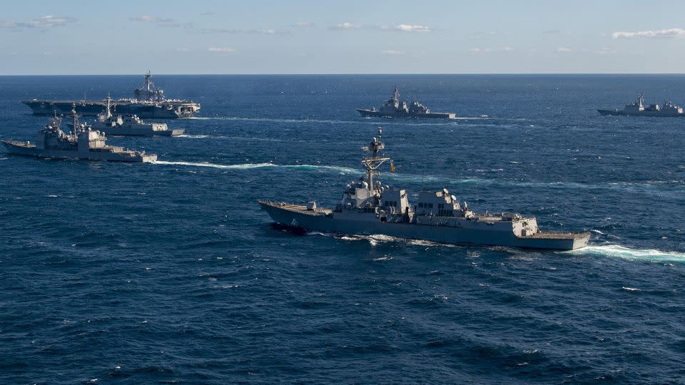 Warships from South Korea, the US and Japan perform a trilateral exercise in the waters south of Jeju between January 15 and 17, 2024. - South Korea's Defence Ministry