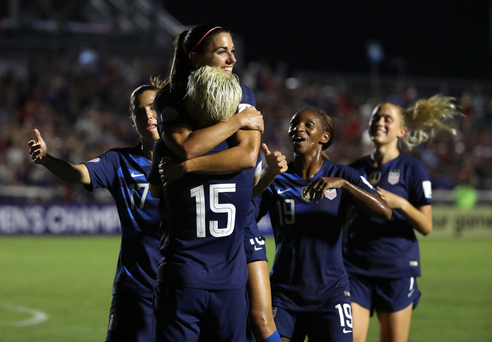 Alex Morgan celebrates one of her two goals in the United States women’s national team’s rout of Mexico in CONCACAF World Cup qualifying. (Getty)