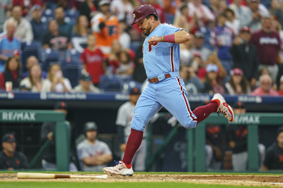 Philadelphia Phillies' Kyle Schwarber scores against the Detroit Tigers during the sixth inning of a baseball game Thursday, June 8, 2023, in Philadelphia. (AP Photo/Chris Szagola)