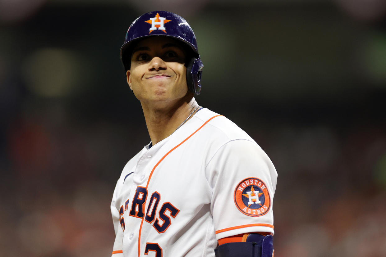 HOUSTON, TEXAS - OCTOBER 28: Jeremy Pena #3 of the Houston Astros looks on while batting in the seventh inning against the Philadelphia Phillies in Game One of the 2022 World Series at Minute Maid Park on October 28, 2022 in Houston, Texas. (Photo by Carmen Mandato/Getty Images)